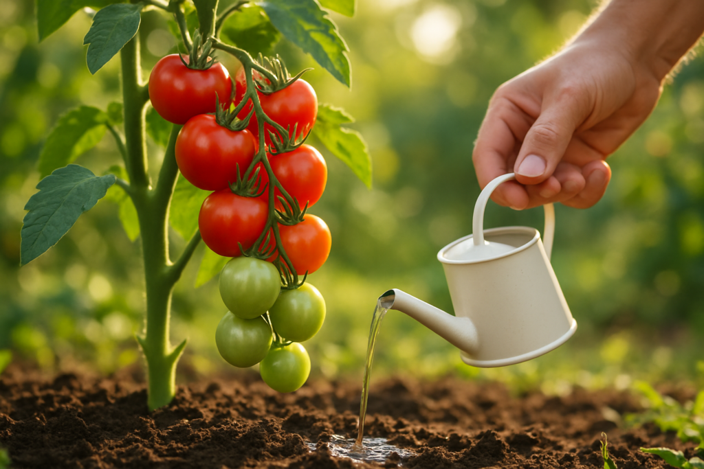 Tomaten im Sommer düngen: Hobbygärtner düngt eine Tomatenpflanze im Garten