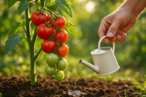 Tomaten im Sommer düngen: Hobbygärtner düngt eine Tomatenpflanze im Garten
